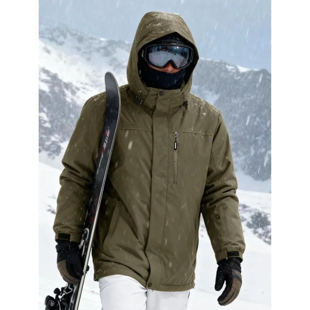 Men's Army Green Waterproof Ski Snow Jacket Fleece Lined Warm Winter Rain Jacket